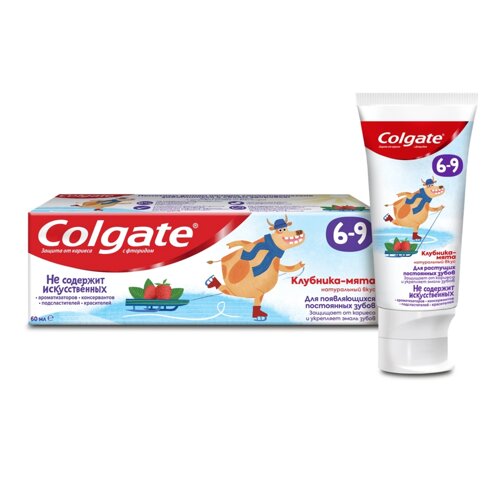 Зубная паста детская Colgate 6-9, защита от кариеса, с фторидом, для детей от 6 до 9 лет, со вкусом клубники и мяты, 60 мл