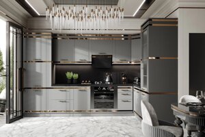 Кухонный гарнитур Тулия угловая 3,75*2,25 Правая (3,00*1,50пр+ПД750+ПС750) Графит/Золото Арида мебель