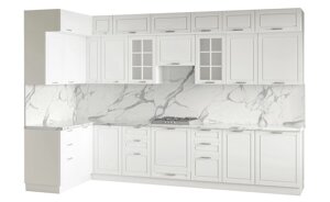Кухонный гарнитур Дрим 3 уровня, угловой 3,60*1,50 Белый/Мрамор Белый Арида мебель