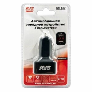 Адаптер автомобильный на 2 USB 1.0А+2.1А в прикуриватель 12/24В с вольтметром UC-523 AVS A07444S