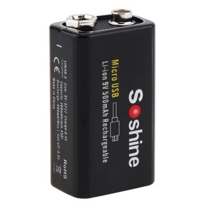 Аккумулятор крона Li-ion Soshine 9 V - 8,4 V- 500 mAh USB Type-C порт и индикатором уровня заряда