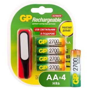 Аккумулятор Ni-Mh 2700 мА·ч 1.2 В GP Rechargeable 2700 Series AA + USB светильник, в упаковке: 4 шт.