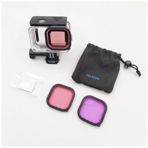 Аквабокс Telesin для GoPro HERO 11/10/9 + три фильтра (красный, розовый, пурпурный)