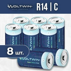 Батарейка солевая, цинковая Woltwin carbon zinc R14 1,5V. Тип C (R14, LR14, 343, Baby, UM2) - 8 шт.