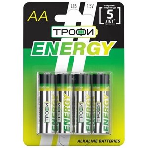 Батарейка Трофи, АА (LR06, LR6), Energy Alkaline, алкалиновая, 1.5 В, блистер, 4 шт, Б0017046