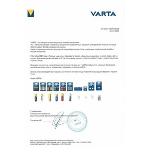 Батарейка Varta ENERGY LR03 тип AAA (мизинчиковые) 20 шт