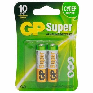 Батарейки комплект 2 шт, GP Super, AA (LR6, 15А), алкалиновые, пальчиковые, блистер, 15A-2CR2 упаковка 10 шт.