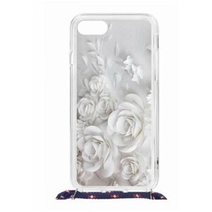 Чехол для Apple iPhone 7/8/SE Kruche Print MagSafe Magrope White roses, пластиковая накладка со шнурком и рисунком, противоударный силиконовый бампер