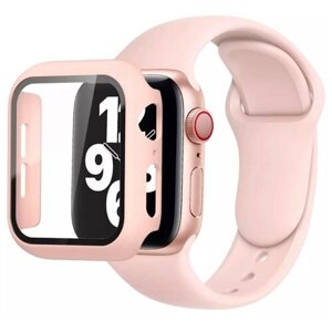 Чехол для Apple Watch 7 41мм со стеклом + силиконовый ремешок для Apple Watch 7 41mm, бледно-розовый