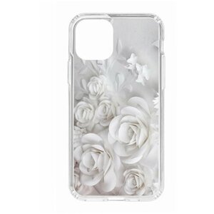 Чехол для iPhone 11 Pro Kruche Print MagSafe White roses, прозрачная накладка с защитой камеры, с рисунком, противоударный силиконовый бампер с принтом