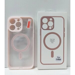 Чехол для iPhone 14 Pro Max c технологией MagSafe силиконовый прозрачный/розовый с защитой камеры