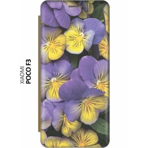 Чехол-книжка Фиолетовые и желтые фиалки на Xiaomi Poco F3 / Сяоми Поко Ф3 золотой
