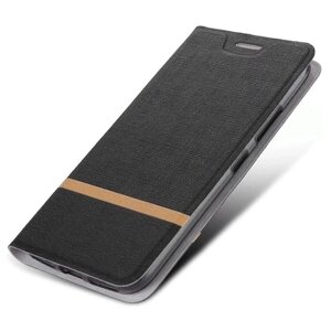Чехол-книжка MyPads для Xiaomi Redmi 5A из водоотталкивающей ткани под джинсу с золотой полосой и вставкой под кожу черный