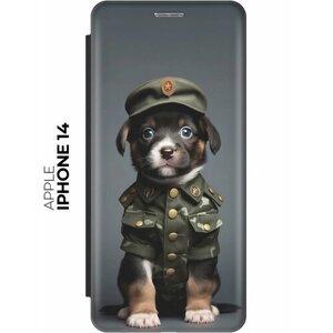 Чехол-книжка на Apple iPhone 14 / Эпл Айфон 14 с рисунком "Щенок-военный" черный