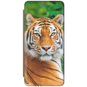 Чехол-книжка на Apple iPhone 14 Pro / Эпл Айфон 14 Про с рисунком "Портрет тигра" золотой