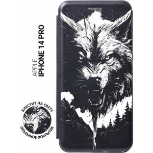 Чехол-книжка на Apple iPhone 14 Pro / Эпл Айфон 14 Про с рисунком "Волк и горы" черный