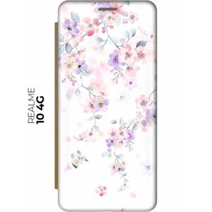 Чехол-книжка на Realme 10 4G / Рилми 10 4Г с рисунком "Акварельные цветы вишни" золотистый