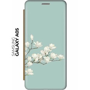 Чехол-книжка на Samsung Galaxy A05 / Самсунг А05 с рисунком "Сакура на голубом" золотистый