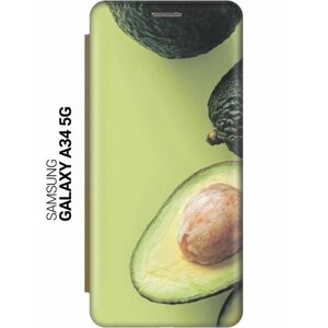 Чехол-книжка на Samsung Galaxy A34 5G, Самсунг А34 c принтом "Половинка авокадо" золотистый