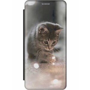 Чехол-книжка на Samsung Galaxy M52 5G, Самсунг М52 с 3D принтом "Котенок и свет" черный