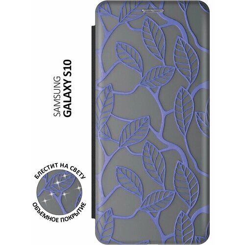 Чехол-книжка на Samsung Galaxy S10 / Самсунг С10 c принтом "Фиолетовые листья" черный
