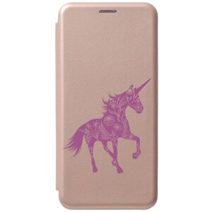 Чехол-книжка на Samsung Galaxy S22+Самсунг С22 Плюс с 3D принтом "Floral Unicorn" золотистый