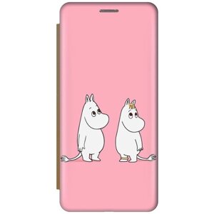 Чехол-книжка на Xiaomi Mi 8 Lite, Сяоми Ми 8 Лайт c принтом "Муми-тролли на розовом" золотистый