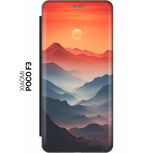 Чехол-книжка на Xiaomi Poco F3 с принтом "Луна над горами" черный