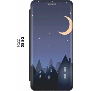 Чехол-книжка на Xiaomi Poco X5 5G, Сяоми Поко Х5 5Г c принтом "Месяц над городом" черный