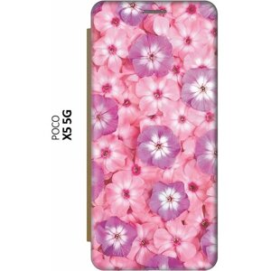 Чехол-книжка на Xiaomi Poco X5 5G, Сяоми Поко Х5 5Г c принтом "Розовые и фиолетовые филаки" золотистый