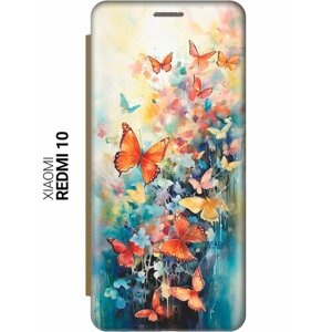Чехол-книжка на Xiaomi Redmi 10 / Сяоми Редми 10 с рисунком "Бабочки акварелью" золотой