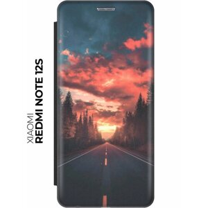 Чехол-книжка на Xiaomi Redmi Note 12s / Сяоми Редми Ноут 12с с рисунком "Закат на дороге" черный