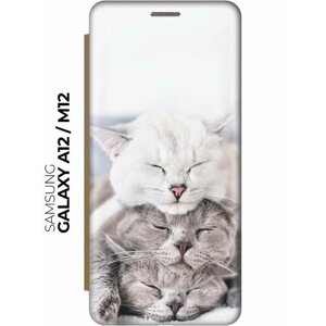Чехол-книжка Три кота на Samsung Galaxy A12 / M12 / Самсунг А12 / М12 золотой