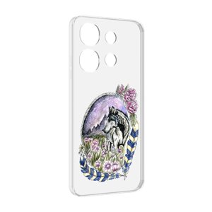 Чехол MyPads нарисованный волк в цветах с перьями для Tecno Spark Go 2023 (BF7) / Tecno Smart 7 задняя-панель-накладка-бампер