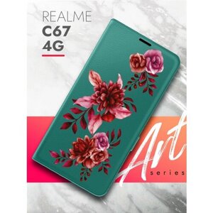 Чехол на Realme C67 4G (Реалми С67 4г) зеленый опал книжка эко-кожа подставка отделение для карт магнит Book case, Brozo (принт) Гранатовые Цветы