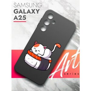 Чехол на Samsung Galaxy A25 (Самсунг Галакси А25) черный матовый силиконовый с защитой (бортиком) вокруг камер, Brozo (принт) Котик Спит