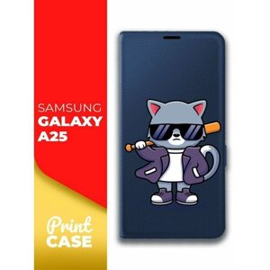 Чехол на Samsung Galaxy A25 (Самсунг Галакси А25) синий книжка эко-кожа подставка отделение для карт магнит Book case, Miuko (принт) Котик с Битой