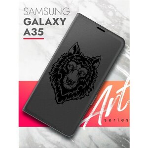 Чехол на Samsung Galaxy A35 (Самсунг Галакси А35) черный книжка эко-кожа подставка отделение для карт магнит Book case, Brozo (принт) Волк черный