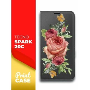 Чехол на Tecno Spark 20C (Техно Спарк 20С) черный книжка эко-кожа подставка отделением для карт и магнитами Book case, Miuko (принт) Розовые Розы