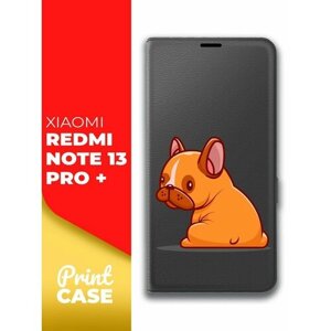 Чехол на Xiaomi Redmi Note 13 Pro+Ксиоми Редми Ноте 13 Про+черный книжка эко-кожа отделение для карт магнит Book case, Miuko (принт) Бульдог