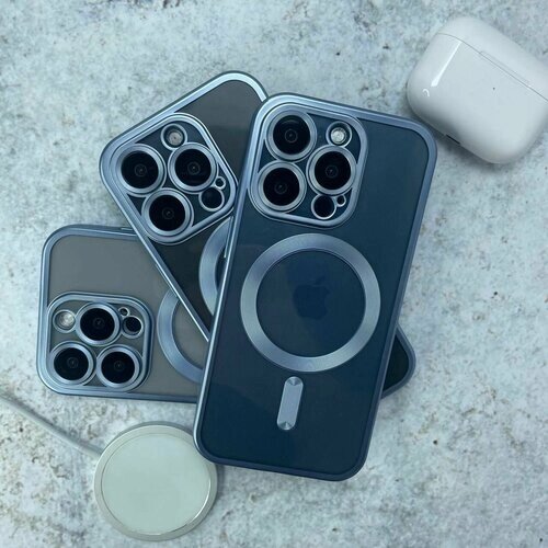 Чехол Silicone для iPhone 15 Pro Max Голубой-Титан защитой камеры / Силиконовая накладка / С Магнитом / Для Беспроводной Зарядки