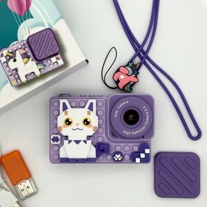 Детский фотоаппарат Котик 48МП ударопрочный 1080p HD с головоломкой и селфи, со встроенной памятью, фиолетовый, подарок для девочки