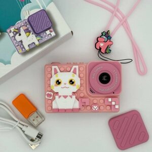 Детский фотоаппарат Котик Розовый 48МП ударопрочный 1080p HD с головоломкой и селфи, со встроенной памятью, подарок для девочки