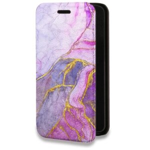 Дизайнерский горизонтальный чехол-книжка для Айфон 14 Плюс / Iphone 14 Plus Мрамор розовый