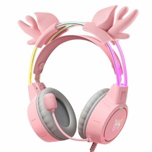 Игровые наушники ONIKUMA X15 pro Pink Star розовые с оленьими ушками и подсветкой