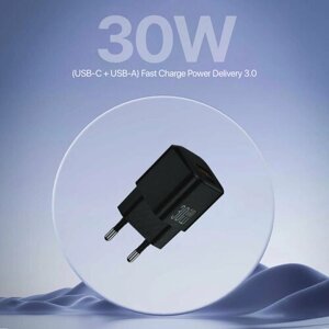 Компактный блок питания 30W на 2 порта (USB-C + USB-A), Скоростная зарядка (GaN), Power Delivery, Черный