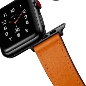 Кожаный ремешок для Apple Watch series 3 4 5 6 7 8 9 SE, в корпусах 42, 44, 45, 49. Светло-Коричневый / Неrmеs Brown BF (Черная фурнитура)