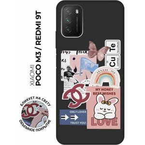 Матовый чехол Cute Stickers для Xiaomi Redmi 9T / Poco M3 / Сяоми Поко М3 / Сяоми Редми 9Т с 3D эффектом черный