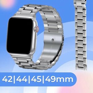 Металлический ремешок для часов Apple Watch 42-44-45-49 mm / Сменный блочный стальной ремешок на смарт часы Эпл Вотч 1-9, SE, Ultra серии / Серебро