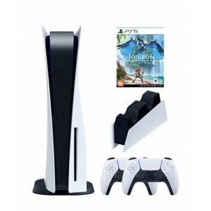 PS5 (ПС5) Игровая приставка Sony PlayStation 5 (3-ревизия)+2-й геймпад (белый)+зарядное+Игра Horizon, 825 ГБ